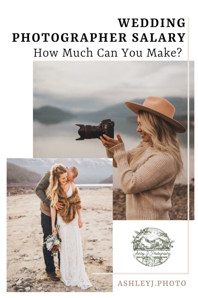 A collage of two images, one showing a Montana wedding photographer and one showing a bride and groom standing with mountains in the background. Text overlays the image reading, How Much Do Wedding Photographers Make.
